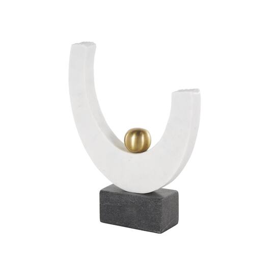 10.25" White Abstract Curved Semicircle Marble & Metal Sculpture with Gold Orb Accent
